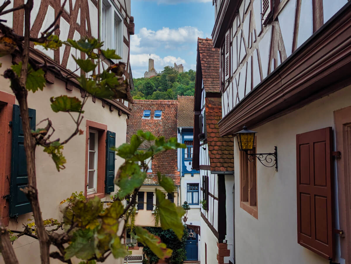 Weinheim an der Bergstrasse. Blick von der Altstadt zur Burgruine Windeck