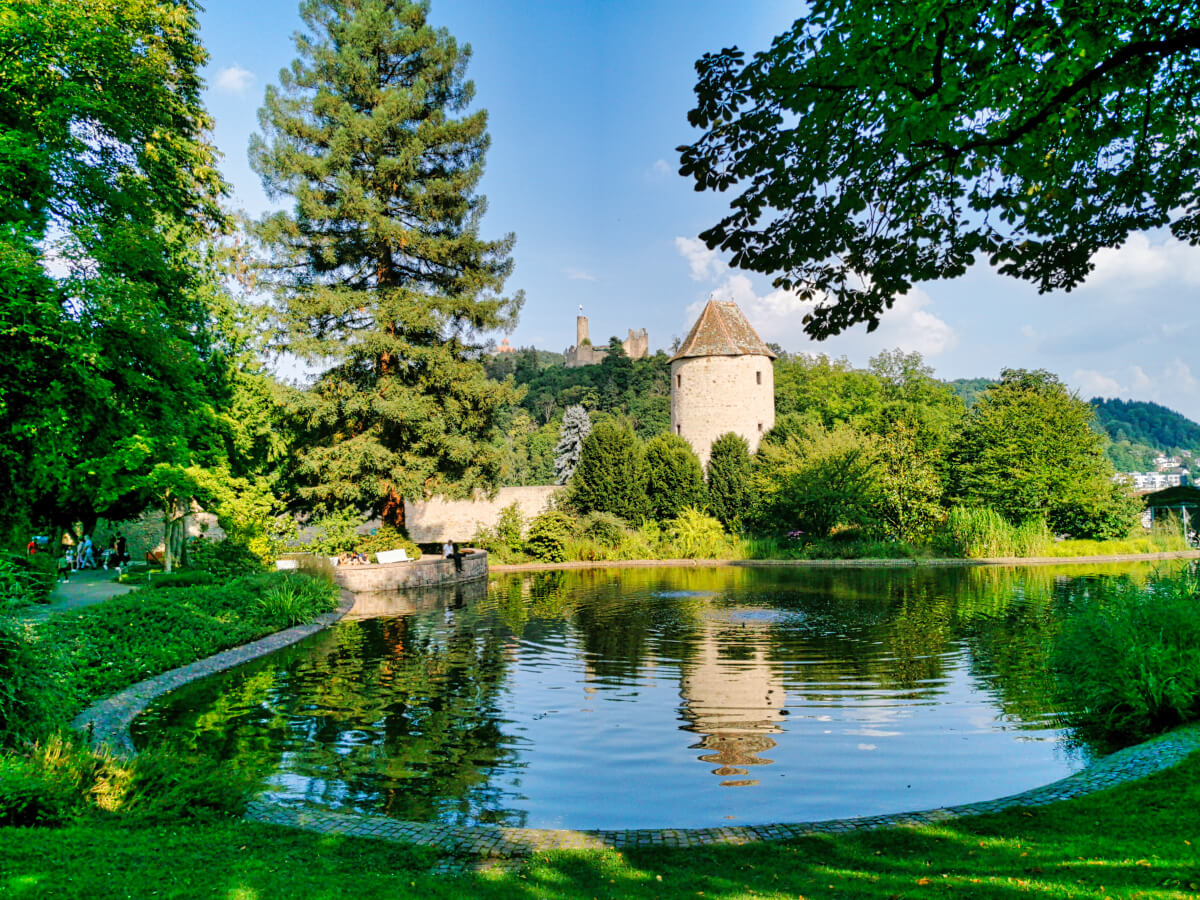 Ruhiger Weiher im Weinheimer Schlosspark, mit einem historischen Turm im Hintergrund