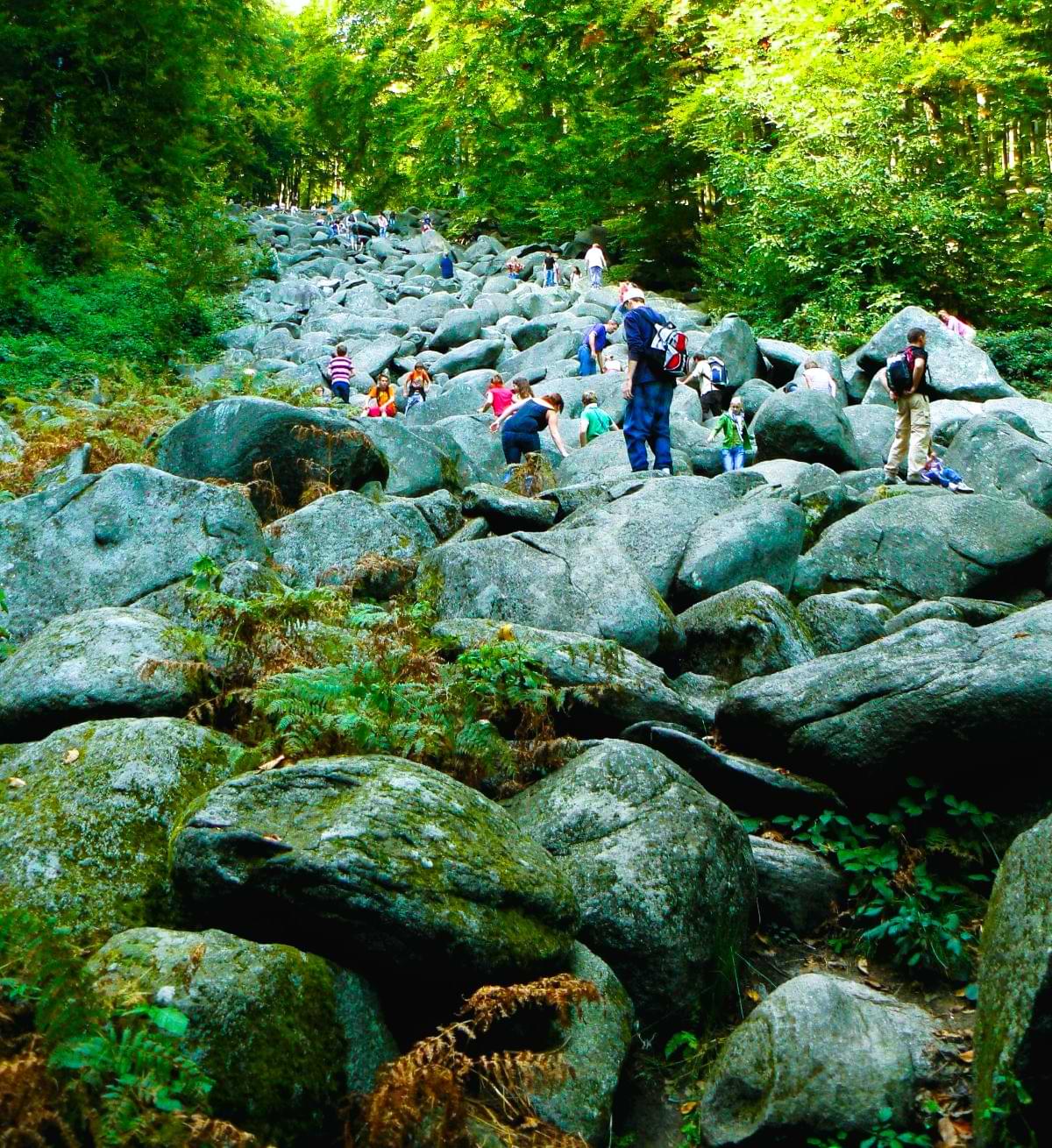 Menschen klettern zwischen großen Granitblöcken im Felsenmeer