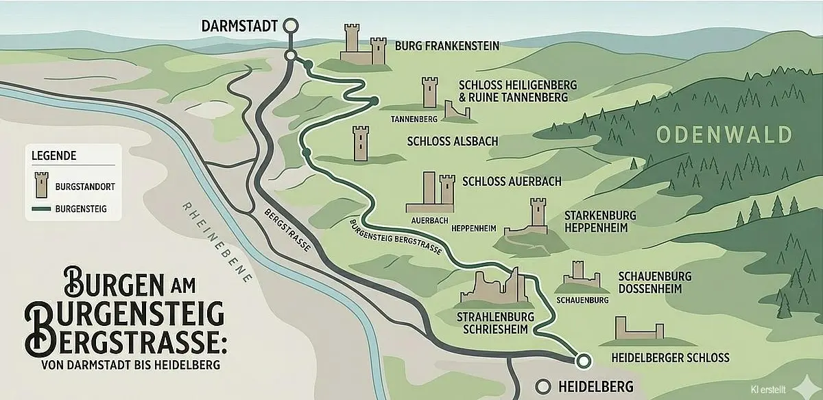 Ubersichtskarte der schönsten Burgen an der Bergstraße